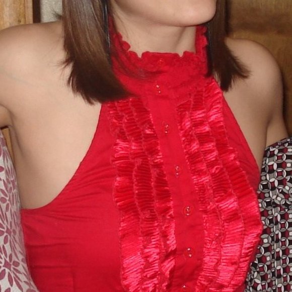 Fabulous Vivid Red Ruffled Button-Front Halter Top - Size XS - Vintage Piece! - Picture 2 of 16